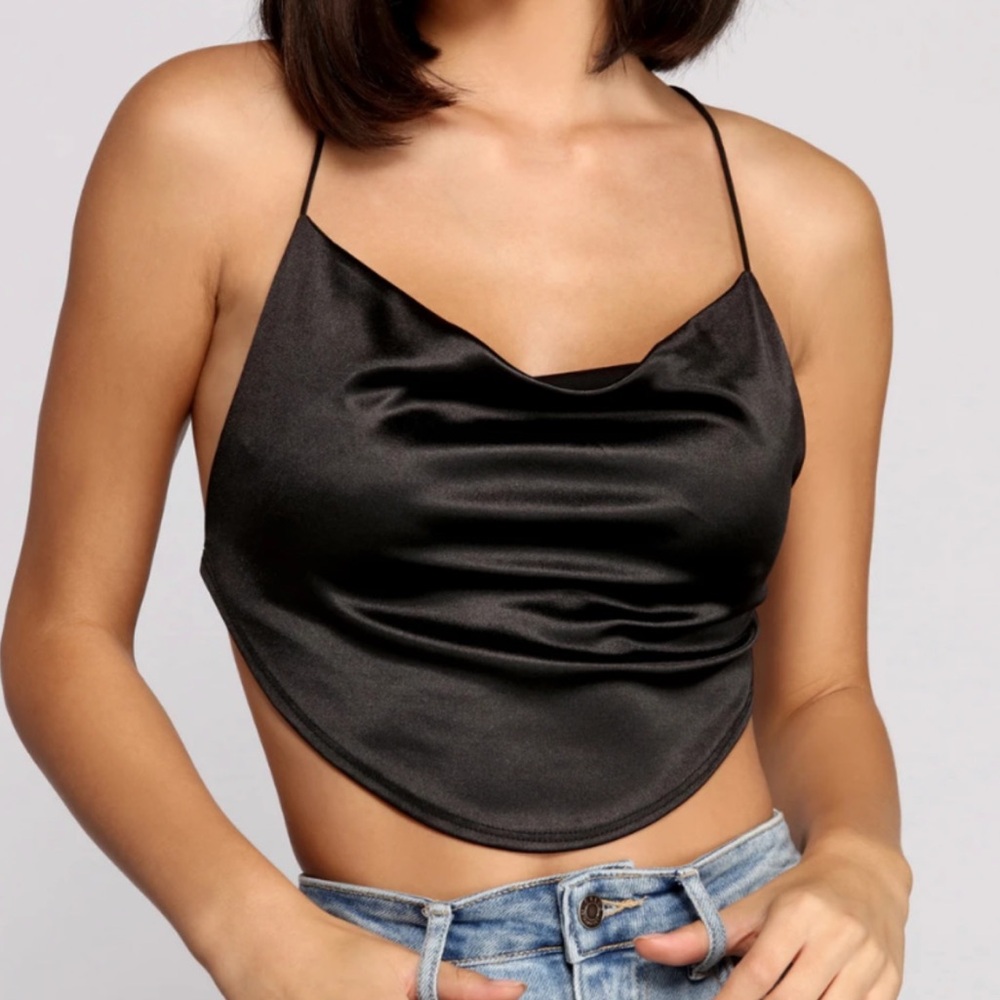 Windsor Satin Black Cowl Neck Strappy Crop Top
